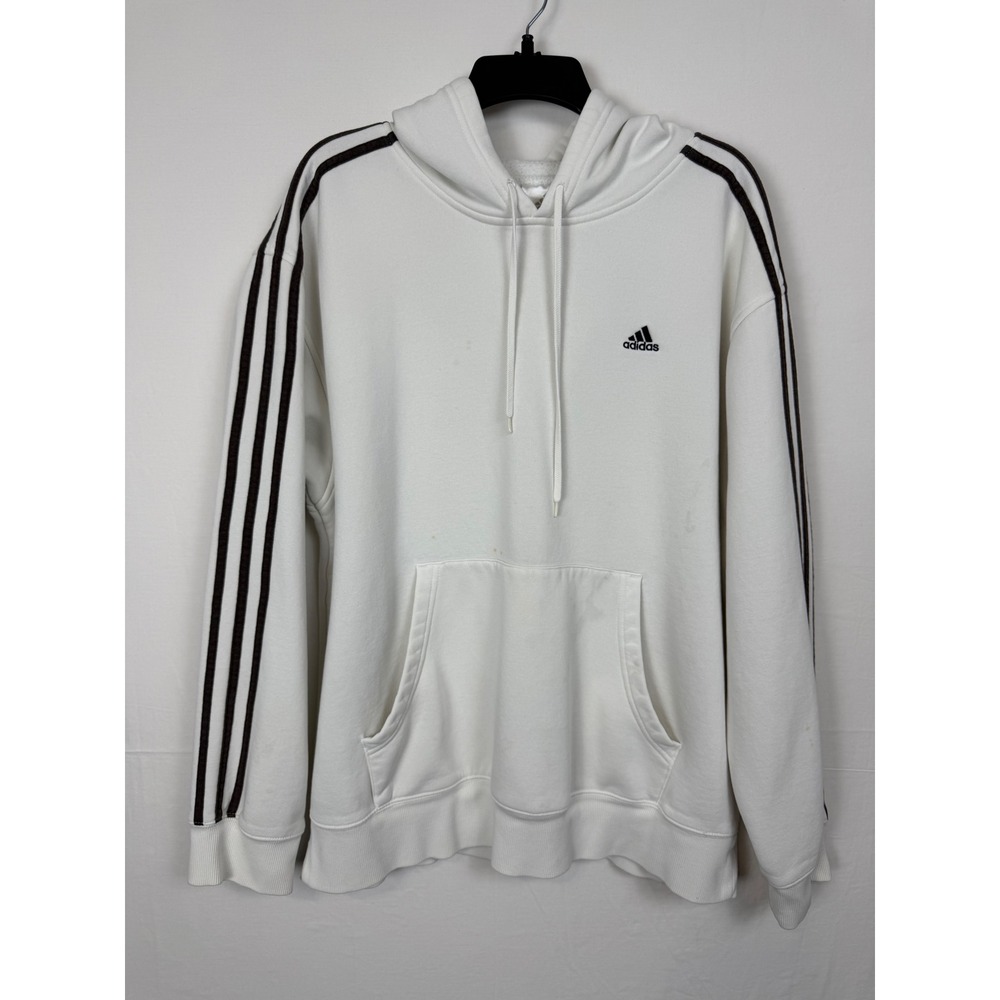 Adidas Mens Cotton Hoodie L White 3-Stripe Pullover Athleisure Activewear